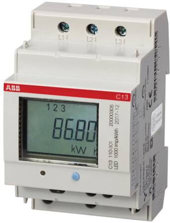 ABB kWh-meter, 3-fase, directe meting, 40A, 230V/230-400V, klasse B, pulsuitgang, 1000 Imp/kWh, afname, enkeltarief